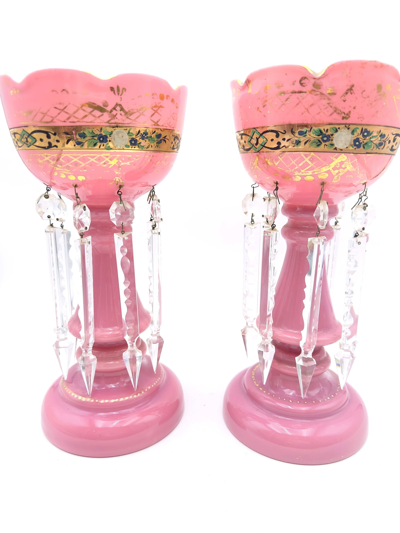 Pair of Bohemian Pink Opaline Glass Lustres with Crystal Drops (1 of 5)