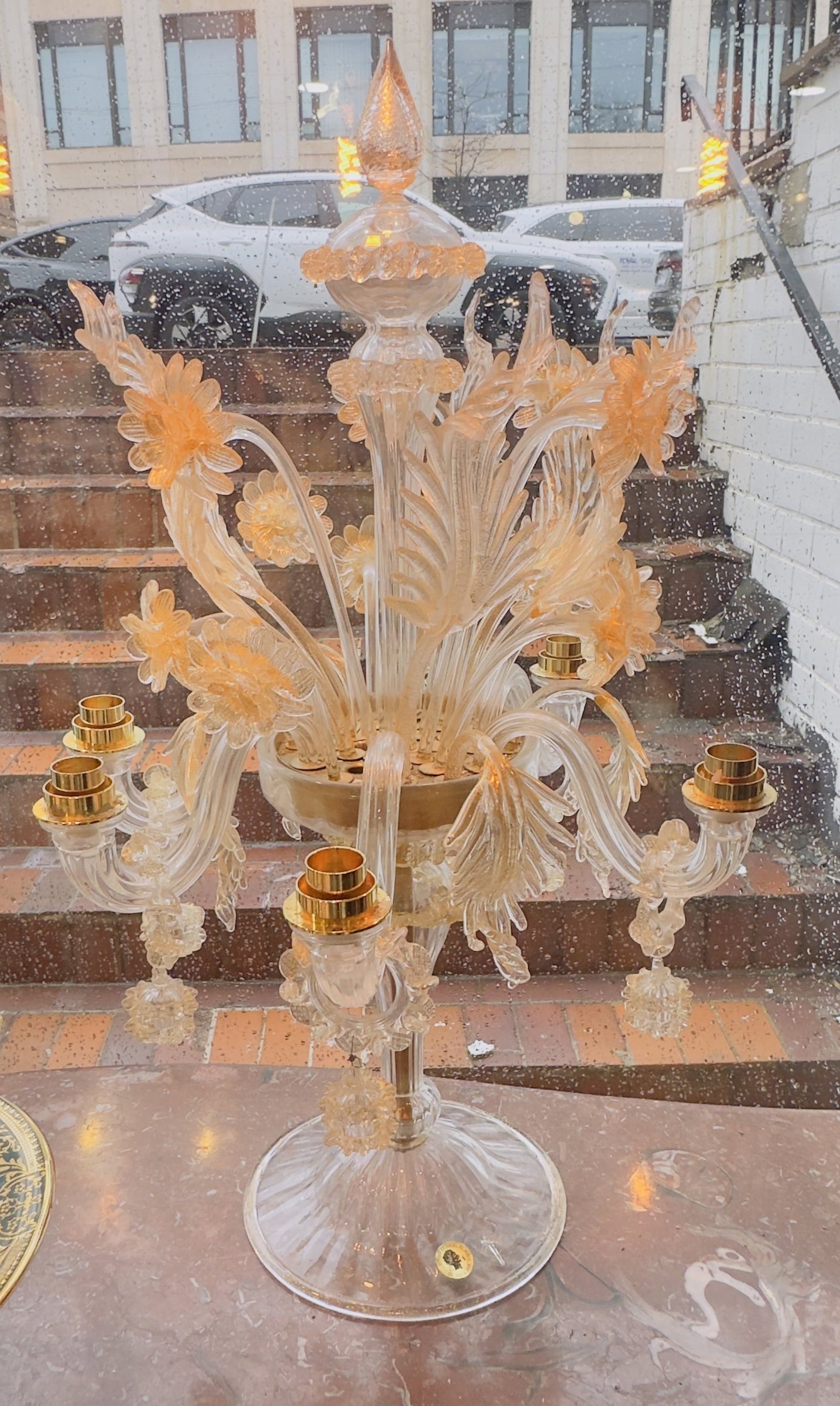 Fine Italian Murano Glass Floral Table Candelabra – Hand Blown, Mid-Century: A superb Italian Murano hand-blown glass table candelabra, featuring intricate applied floral decoration in clear and amber tones. The piece exhibits exceptional craftsmanship with individually formed