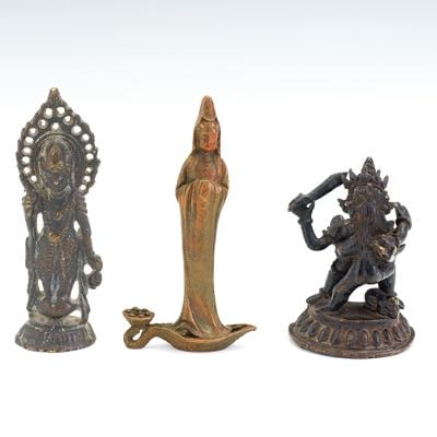 Tibetan Three Patinated Bronze Cabinet Sculpturesa Tibetan Three Patinated Bronze Cabinet (1 of 5)