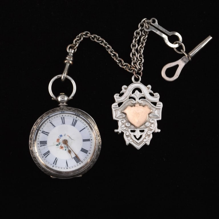 Antique Swiss 935 Sterling Silver Ladies' Pocket 3 Antique Swiss 935 Sterling Silver Ladies' Pocket: Antique Swiss 935 Sterling Silver Ladies' Pocket Watch with Key, on English 9K Gold and Sterling Silver Fob on Chain, Birmingham, dated 1903 Swiss antique 935 sterling silver pocket