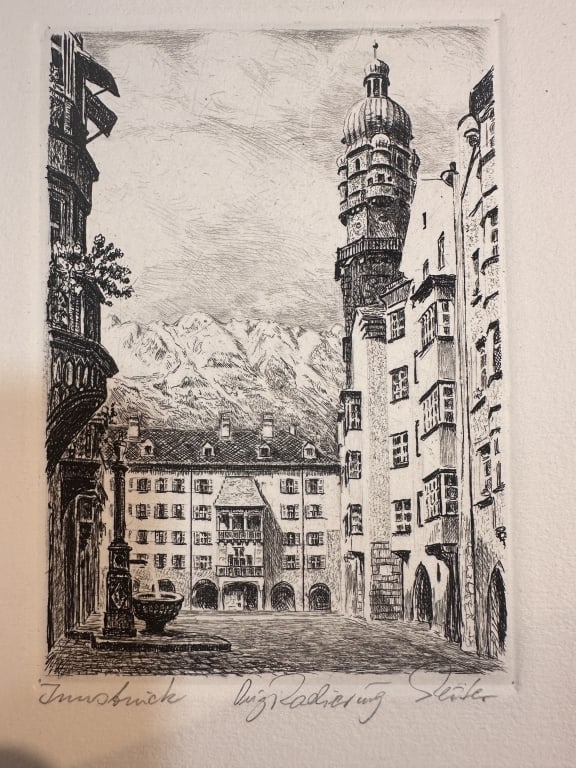 Innsbruck, AustriaEtcd Afinely detailed etching depicting the historic cityscape of Innsbruck,: Afinely detailed etching depicting the historic cityscape of Innsbruck, Austria, with the Golden Roof (Goldenes Dachl) and surrounding medieval architecture set against the dramatic backdrop of the Ty