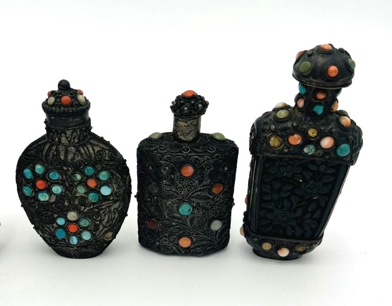 three chinese filgree snuff with stone and coral three chinese filgree snuff with stone and coral (1 of 4)
