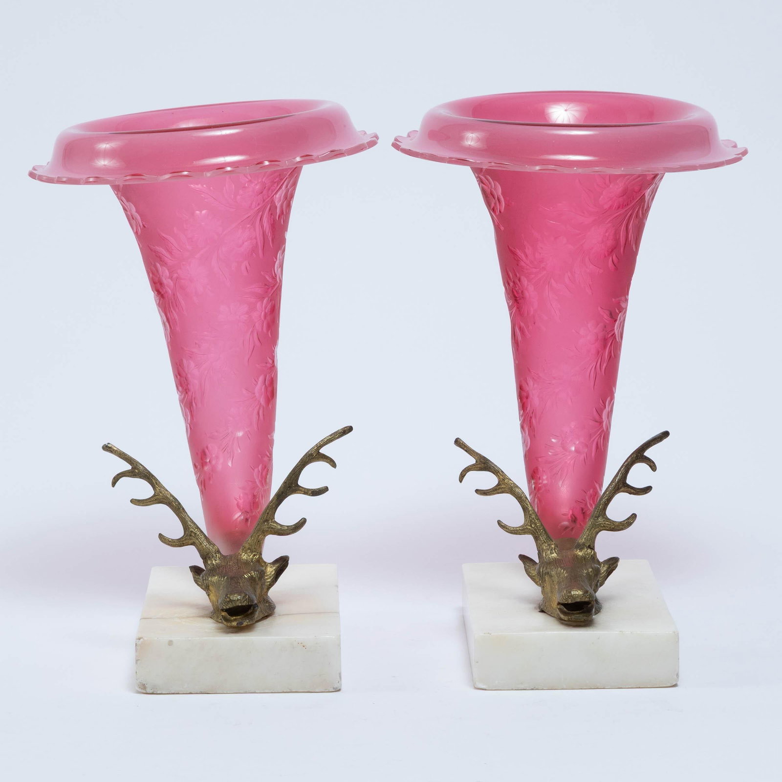 Pair of French Etched and Cut Red Glass Cornucopiy Pair of French Etched and Cut Red Glass (1 of 2)
