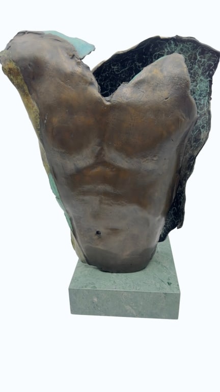 Modern Bronze Torso Sculpture Signed and Numberede A modern bronze sculpture depicting a stylized: A modern bronze sculpture depicting a stylized male torso, mounted on a square marble base. The form is rendered with expressive, abstracted contours, showing strong musculature and an open, fragmente