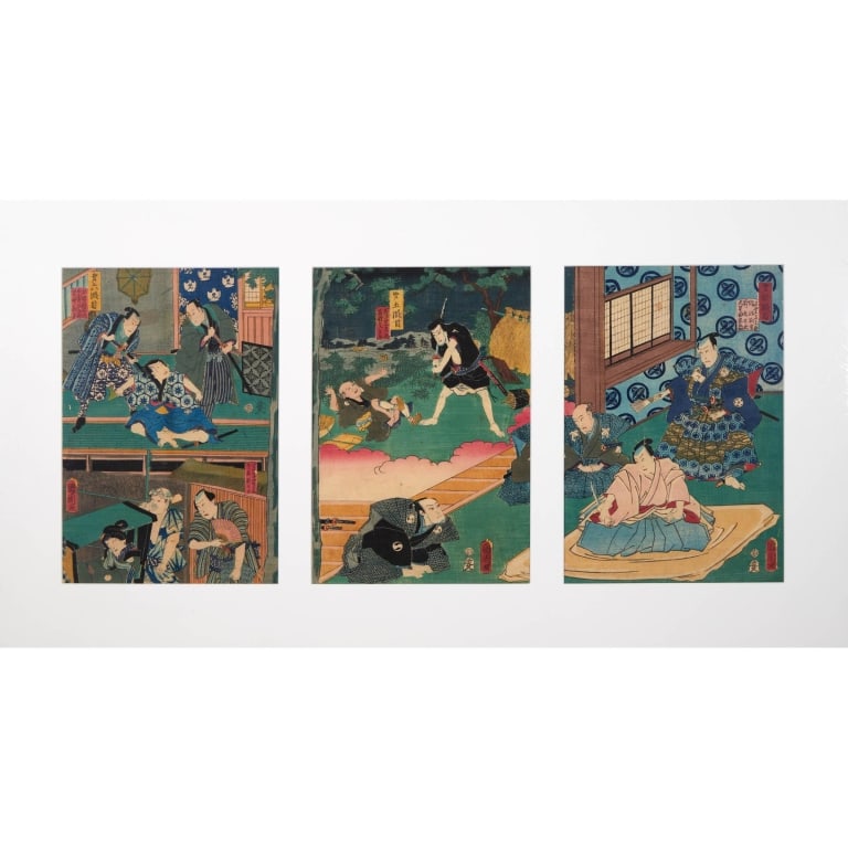 3 Japanese Ukiyo-e Triptych Woodblock Prints, 19th A compelling set of three Japanese ukiyo-e (1 of 1)