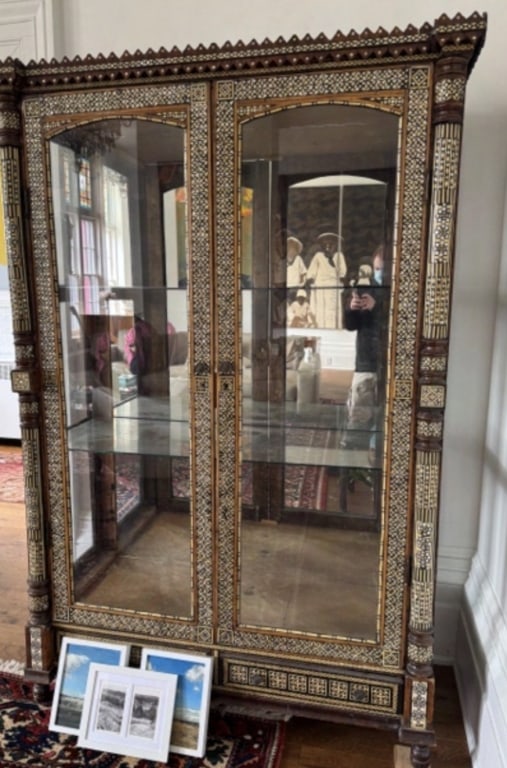 19th century Antique Middle Eastern Syrian Mothert 19th century Antique Middle Eastern Syrian: 19th century Antique Middle Eastern Syrian Mother-of-Pearl Inlay cabinet with crown .the cabinet comes disassembled .it will arrive in seperate pieces and will need to be assembled .