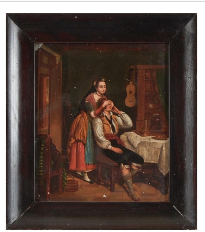 European School Miniature Interior Genre Scene, 19th CenturyA finely executed European school: 19th CenturyA finely executed European school miniature interior genre painting, depicting an intimate domestic scene of a young woman attending to a seated man within a modest interior. The woman is 