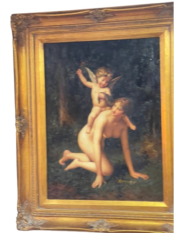 A 19TH CENTURY EUROPEAN SCHOOL MYTHOLOGICAL OIL PD European School oil painting depicting a nude: European School oil painting depicting a nude female figure kneeling in a wooded landscape, carrying a winged Cupid upon her back. Rendered in the Academic tradition with a dark forest background and 
