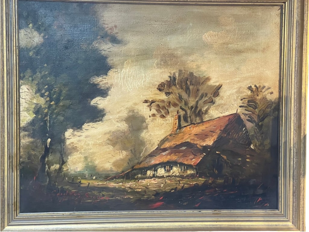 19th EUROPEAN SCHOOL RUSTIC LANDSCAPE OIL PAINTING 19th EUROPEAN SCHOOL RUSTIC LANDSCAPE OIL: 19th EUROPEAN SCHOOL RUSTIC LANDSCAPE OIL PAINTING Oil on canvas depicting a rustic country cottage beneath a large windswept tree, with figures and poultry in the foreground,