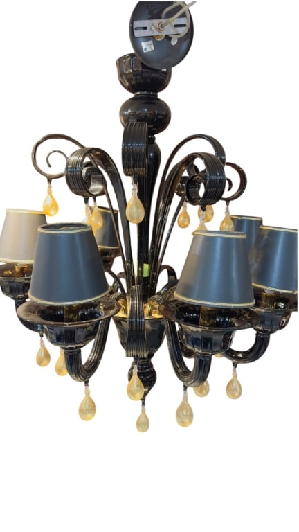 Murano Black Glass 6-Light Chandelier, Formia Ity An elegant and visually dramatic Italian Murano (1 of 6)