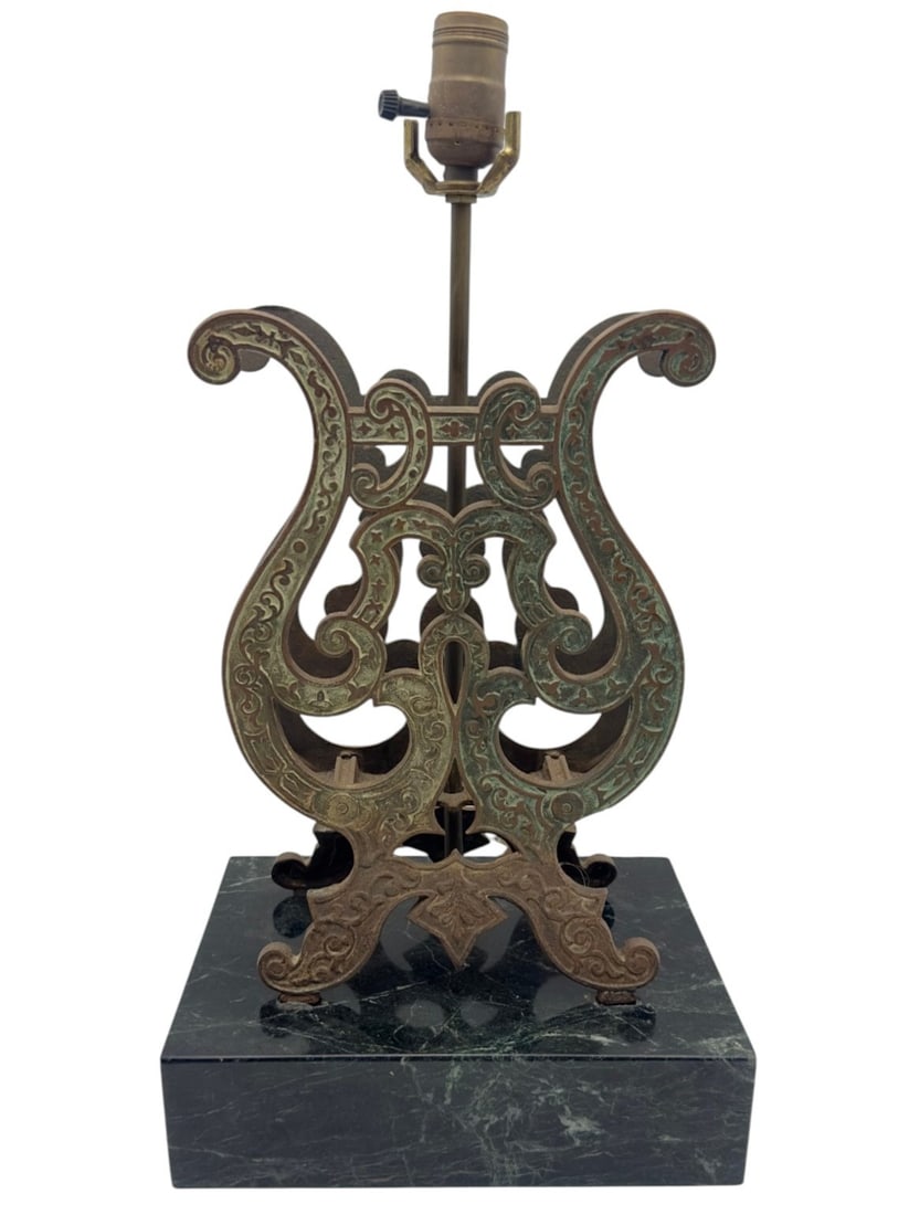 Art Nouveau Style Lyre Form Table Lamp, Cast Metay A decorative table lamp base in the form of a (1 of 6)