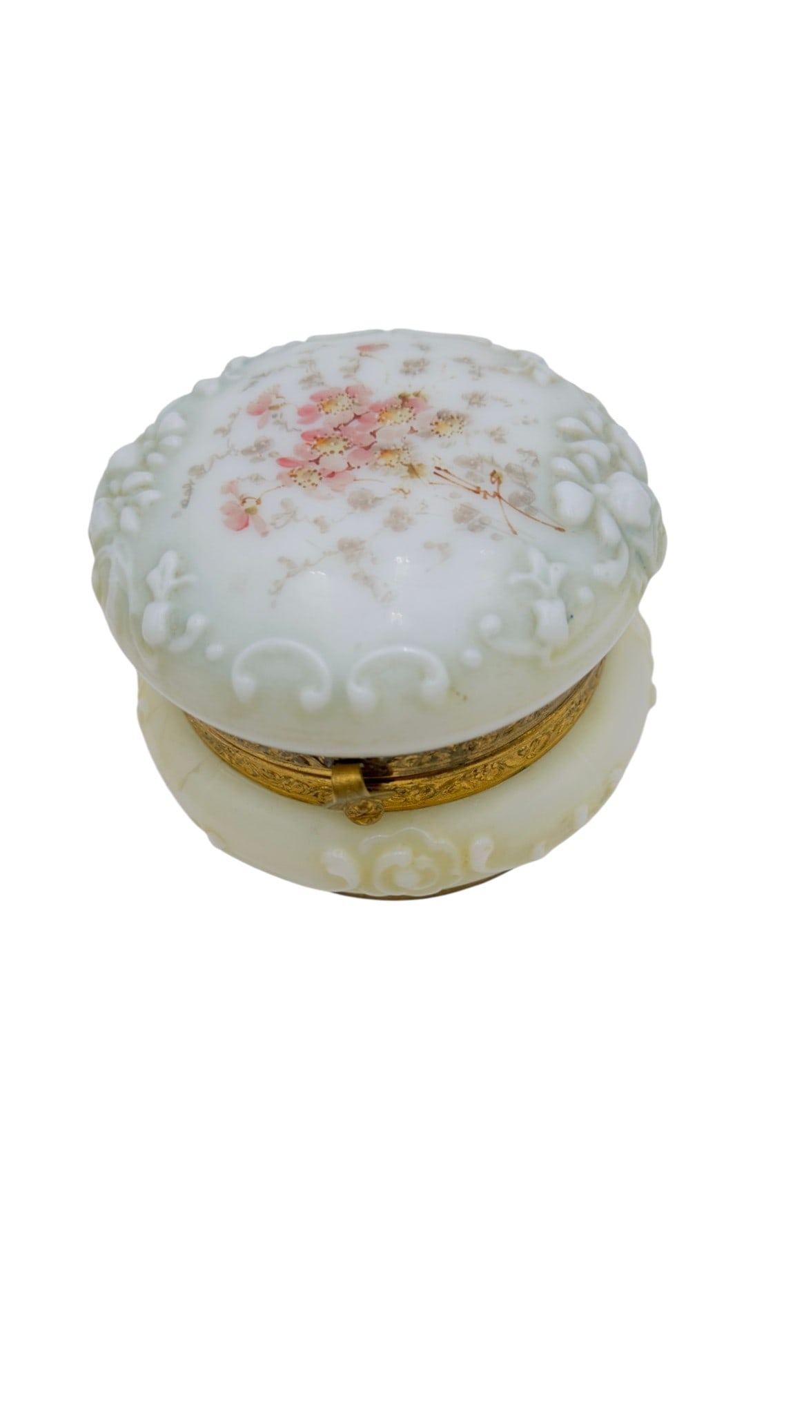Antique Style Milk Glass Dresser Box with Hand-Pan A charming round dresser or trinket box crafted (1 of 2)