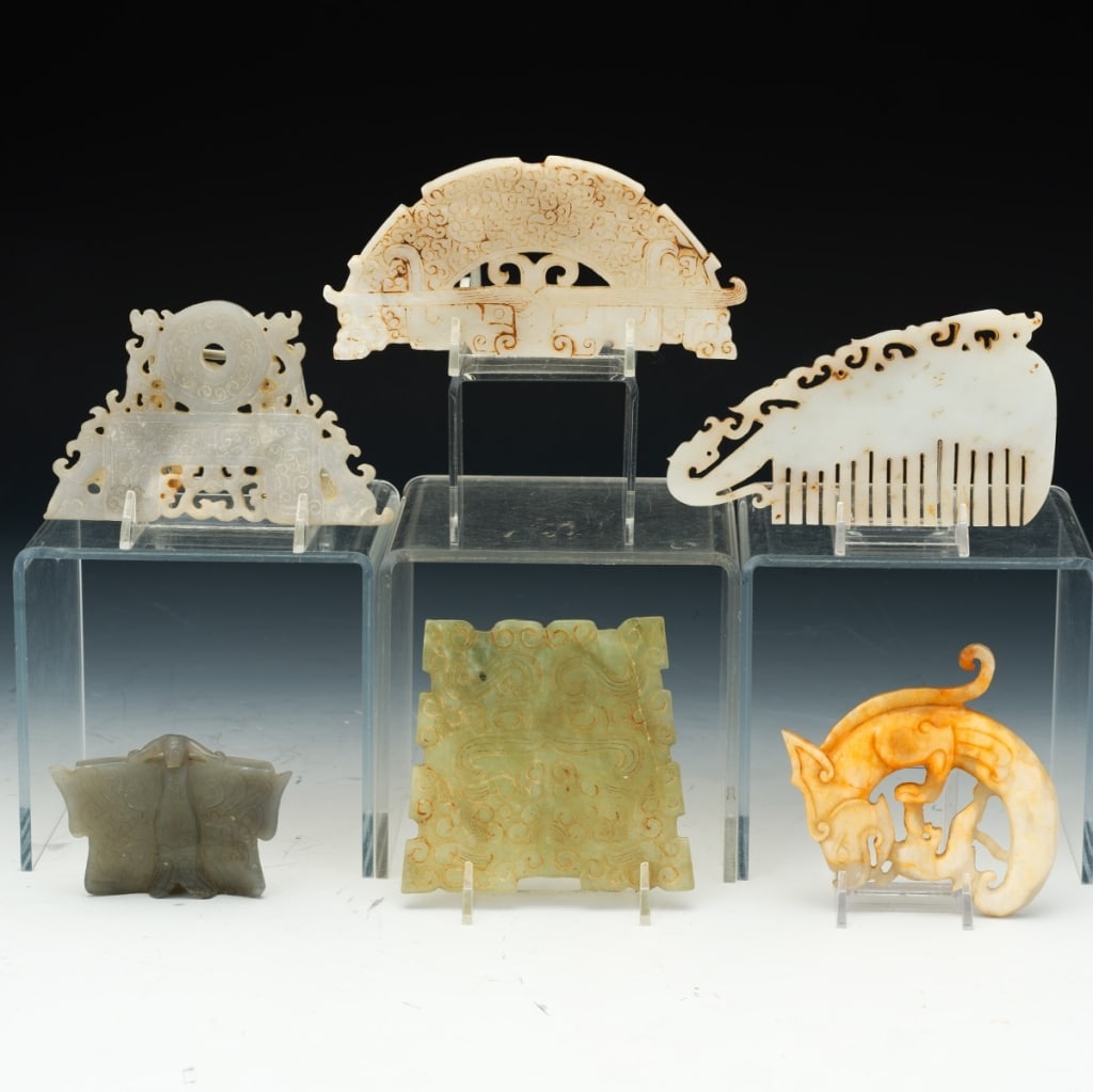Chinese Six Archaistic Jade Carvings Plaques Chinese Six Archaistic Jade Carvings Plaques Six jade (1 of 6)