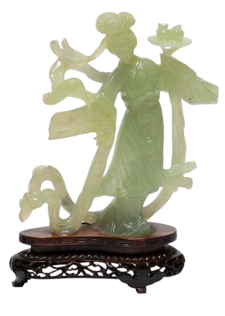 Chinese Carved Green Hardstone Figure of a Lady wd A Chinese carved green hardstone figure depicting (1 of 2)