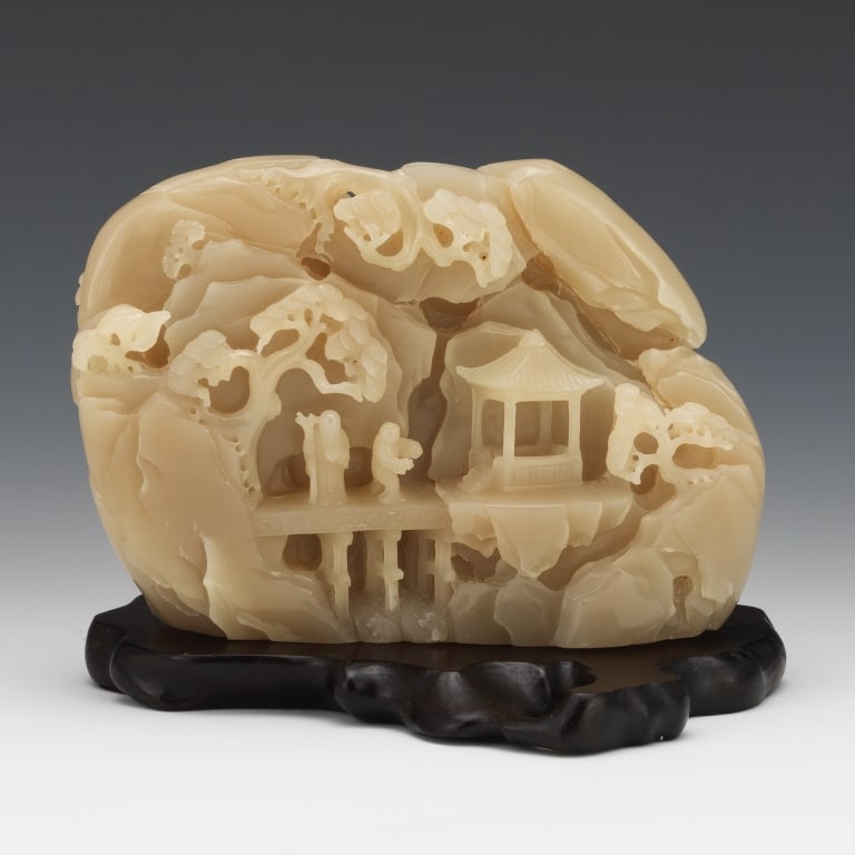 19th Qing dynasty large Chinese Carved Jade Finely Carved Chinese Jade Landscape SculptureAn elegant: Finely Carved Chinese Jade Landscape SculptureAn elegant and finely detailed Chinese hand-carved jade landscape sculpture, rendered from a single piece of creamy celadon jade. This impressive carving 