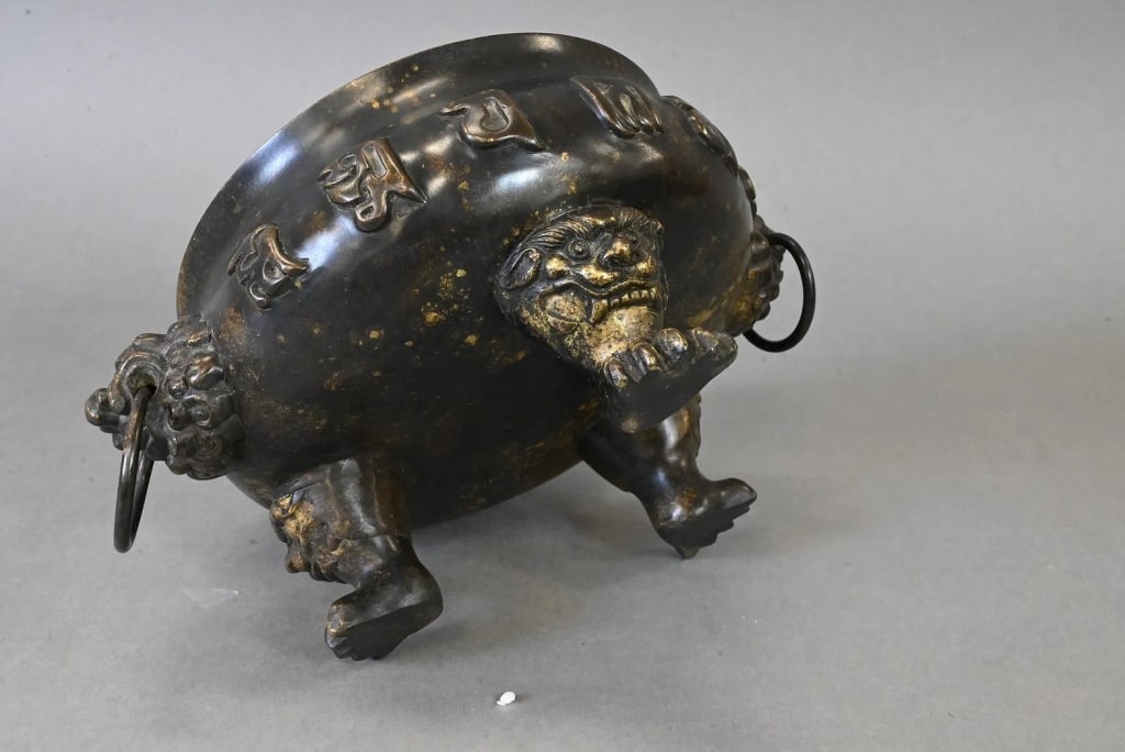 Chinese Bronze Foo Lion Tripod Censer with Ring Hs Chinese Bronze Censer with Foo Lion SupportsHeavy (1 of 1)