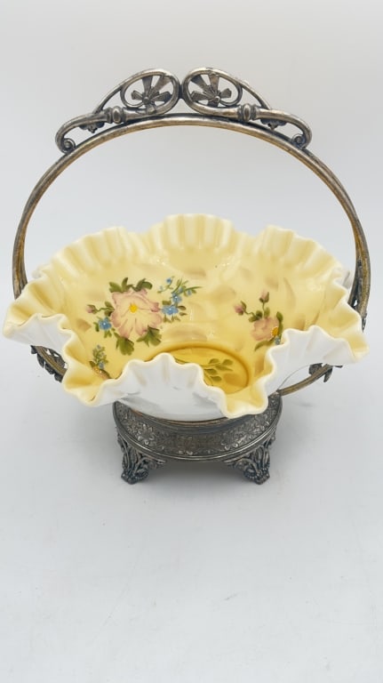 Bohemian Opaline Glass Basket in Silver Plate Frah Opaline Glass Basket in Quadruple Silver Plate: Opaline Glass Basket in Quadruple Silver Plate Frame, Early 20th Century A charming decorative basket featuring a ruffled opaline glass bowl with a soft yellow tint, finely hand-painted with delicate 