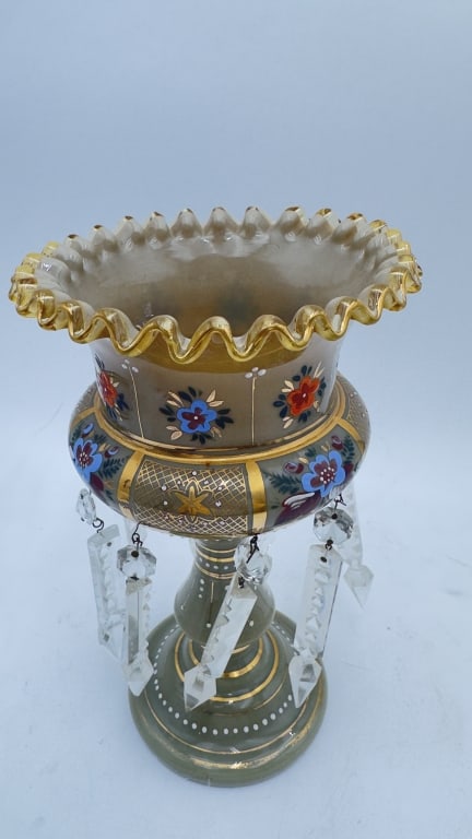 Victorian Opaline Glass Lustre Vase with Enamel &s A Victorian mint amber opaline glass lustre vase,: A Victorian mint amber opaline glass lustre vase, 19th century, the lustre with a shaped font and everted mihrab point collar decorated with enamelled lappets with birds, foliage and butterflies, the 