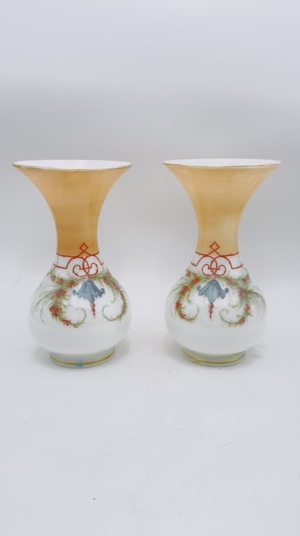 Pair of White Opaline Vases with Floral Decoration Pair of White Opaline Vases with Floral (1 of 7)