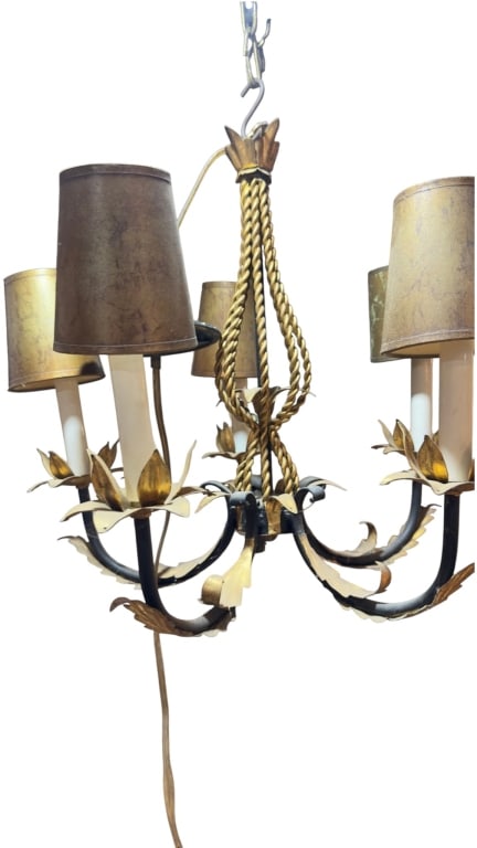 Vintage Italian Style Toleware five-Light Chandeli A decorative vintage five-light chandelier: A decorative vintage five-light chandelier executed in the Italian toleware style, featuring an elegant gilt and black painted metal frame. The fixture is designed with gracefully scrolled arms adorne