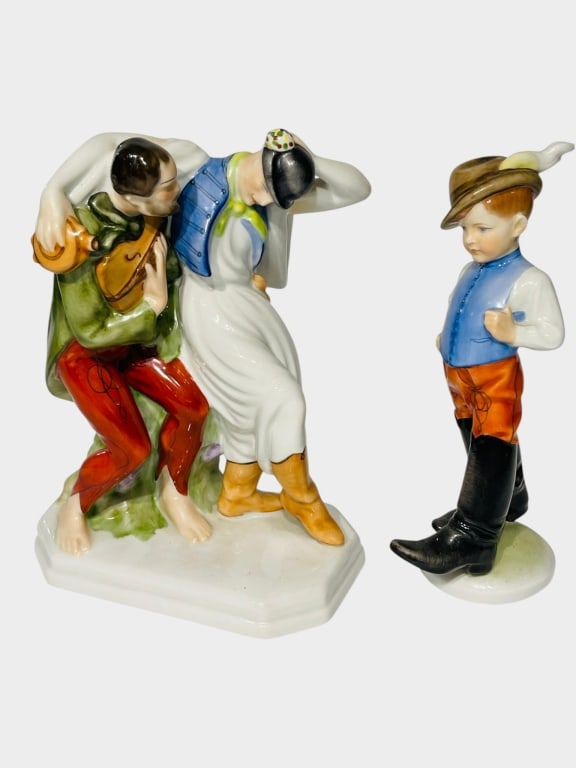 TWO HEREND HUNGARY HAND-PAINTED PORCELAIN FIGURES Two vintage Herend hand-painted porcelain figural (1 of 4)