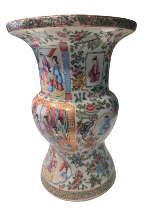 Chinese Qing Dynasty Famille Rose Vase with Courty An elegant 18th Century Chinese famille rose: An elegant 18th Century Chinese famille rose porcelain vase, of baluster form with flared rim and foot, richly painted in overglaze enamels. The body is decorated with continuous courtly and domestic 