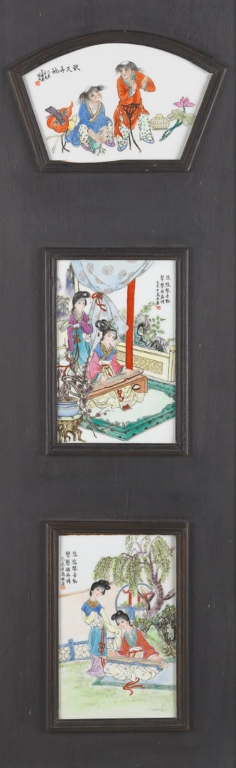 Chinese Hanging Wall Plaque Chinese Hanging Wall Plaque Three framed porcelain wall plaques, each: Chinese Hanging Wall Plaque Three framed porcelain wall plaques, each figural with glazed and enamel scenes, script to each. Encapsulated in wood frame with dark stain. Top plaque measures 4 ?" x 7 ?"