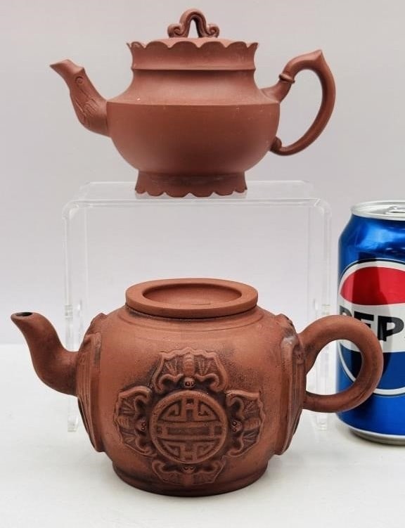Two Chinese Yixing Purple Clay Teapots Two Chinese Yixing Purple Clay Teapots. 9x11cm and 9x9cm (1 of 4)