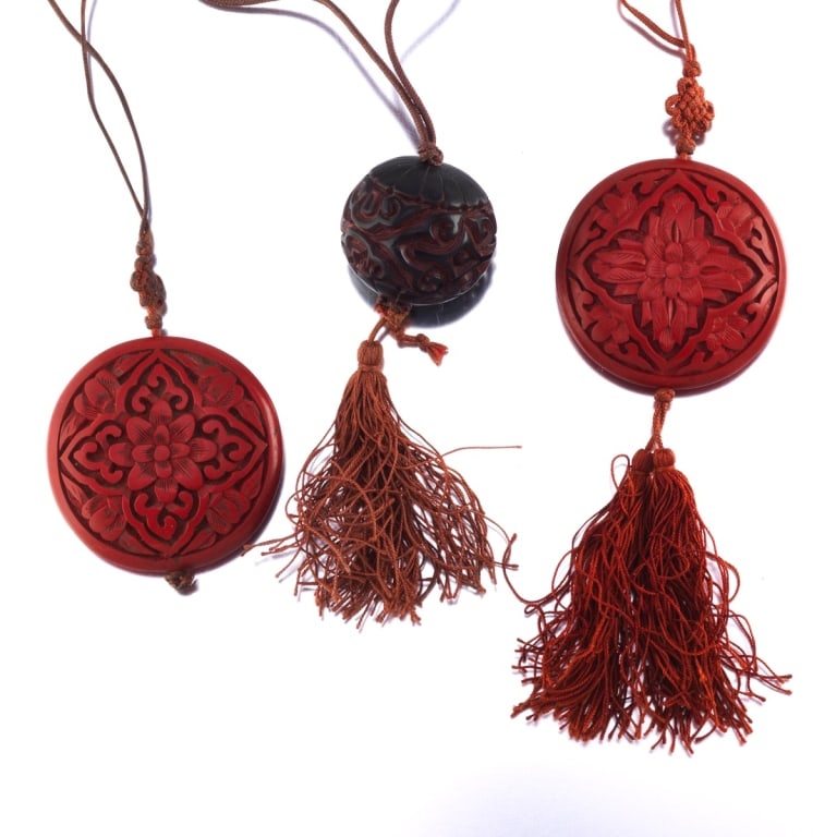 Chinese Two Cinnabar Carved Pendants on Silk Bral Chinese Two Cinnabar Carved Pendants on Silk (1 of 6)