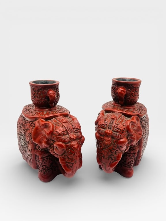 Pair of Chinese Red Lacquer Elephant-Form Candle s red lacquer, with dense scrolling and geometric (1 of 5)