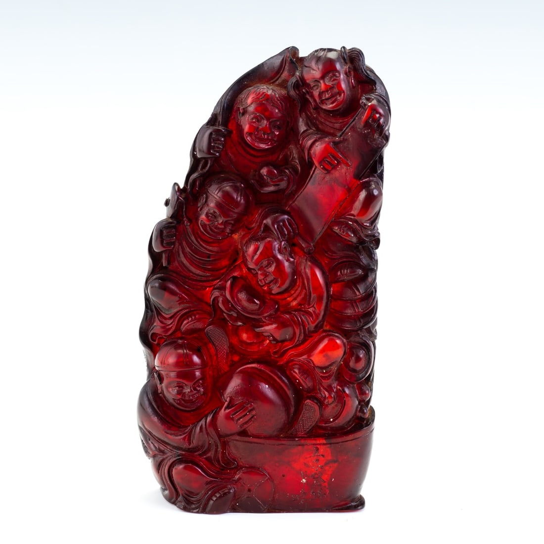 Chinese High-Relief Red Amber Cabinet Signed Scule Chinese High-Relief Red Amber Cabinet Signed (1 of 9)