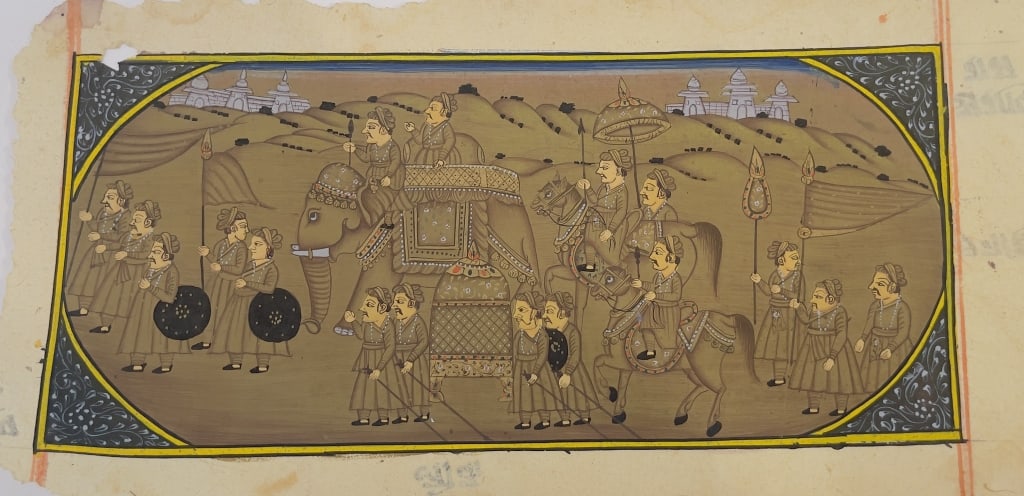 Indian Miniature Manuscript Leaf with Royal Procet A rare double-sided antique Indian manuscript: A rare double-sided antique Indian manuscript leaf featuring a finely detailed miniature painting of a royal procession on one side and a continuous text block in Devanagari script on the