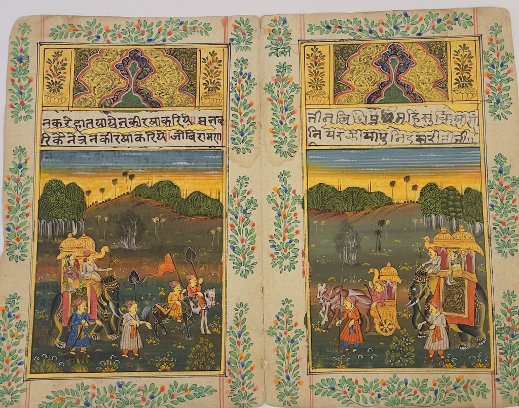 Double-Page Illustrated Manuscript Folio with Devs A rare facing pair of antique Indian manuscript: A rare facing pair of antique Indian manuscript pages featuring detailed miniature paintings with illuminated header arches on the recto and dense continuous text blocks in Devanagari script on the