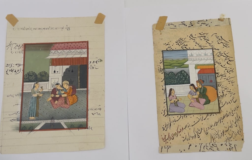 Persian or Mughal Miniature Painting Manuscript Ls manuscript leaves featuring finely detailed: manuscript leaves featuring finely detailed hand-painted interior court scenes surrounded by extensive handwritten notes and script annotations on the margins and borders.Design & Narrative: Each