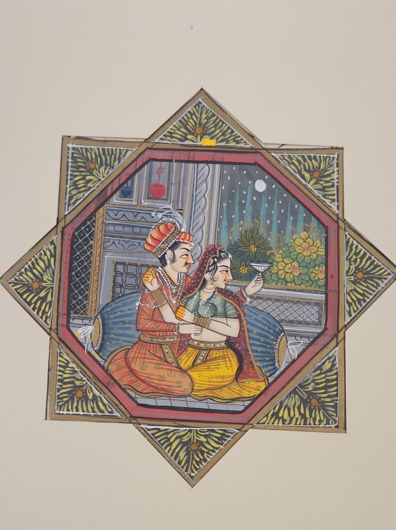 Persian or Mughal Miniature Painting Leaf with Gee manuscript leaf featuring a meticulously: manuscript leaf featuring a meticulously hand-painted miniature scene mounted or framed within an intricate geometric star-and-diamond border layout on a neutral mat.Design & Narrative: Portrays