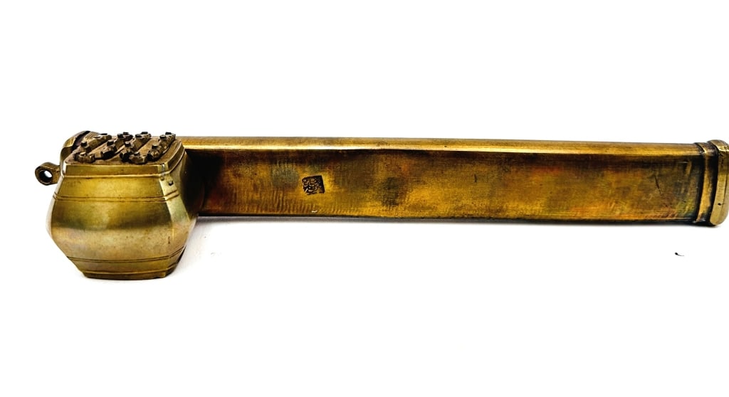 large 19th antique Islamic pen case, name of maker Ottoman Brass Qalamdan (Pen Case with Inkwell),: Ottoman Brass Qalamdan (Pen Case with Inkwell), 18th?19th Century A finely crafted Islamic brass qalamdan, featuring intricate hand-engraved calligraphy and floral arabesque designs throughout. The pi