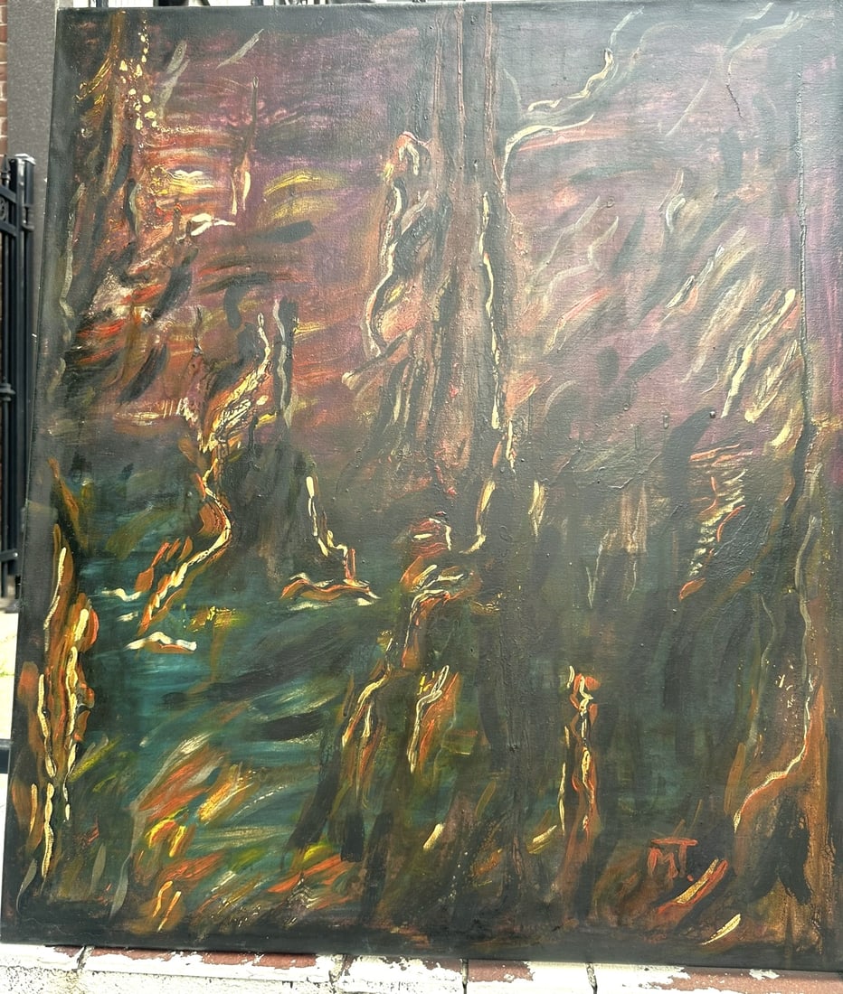 Mid-Century Abstract Oil Painting with Monogram "MT": An expressionistic mid-century oil painting on canvas featuring an evocative, moody composition and dense textured application.Design & Motifs: Showcases fluid, interwoven organic forms and vertical r