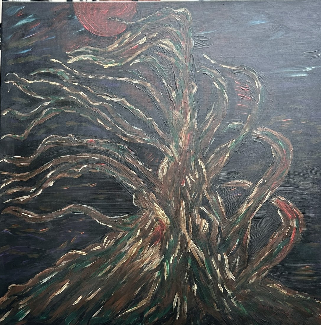 Expressionist Oil Painting of an Ancient Tree and Red Sun Signed Joëlle Giard: An expressive mid-century or contemporary oil painting on canvas capturing a dramatic, stylized natural landscape.Design & Motifs: Features a monumental, swirling tree with dense textured roots and wr
