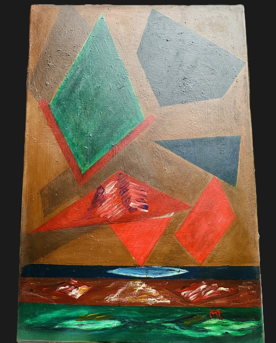 Mid-Century Geometric Abstract Oil Painting with Monogram "MT": A structured mid-century oil painting on canvas featuring a dynamic geometric abstract composition.Design & Motifs: Composed of floating geometric planes, triangles, and rhombuses in tones of muted gr