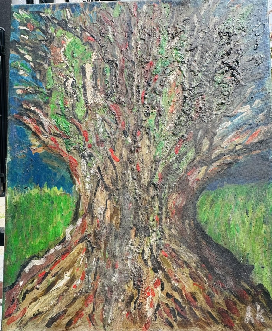 Textured Expressionist Oil Painting of an Ancient Gnarled Tree Signed "AK": A textured impasto oil painting on canvas capturing a monumental, weathered ancient tree landscape.Design & Motifs: Features a massive gnarled trunk with heavy, tactile buildup, roots sprawling across