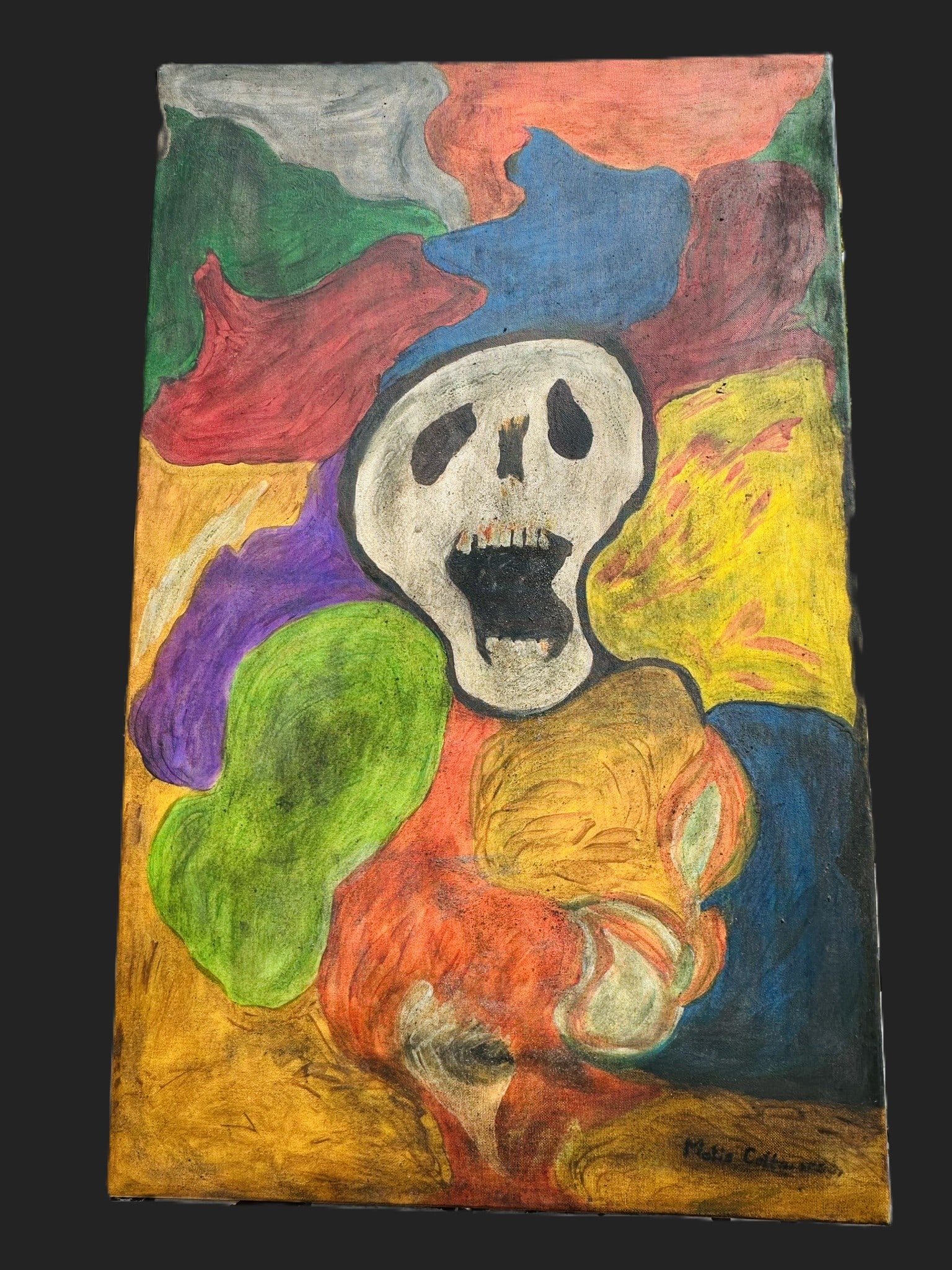Expressionist Oil Painting of a Screaming Skeleton / Skull Landscape Signed Lower Right (1 of 5)