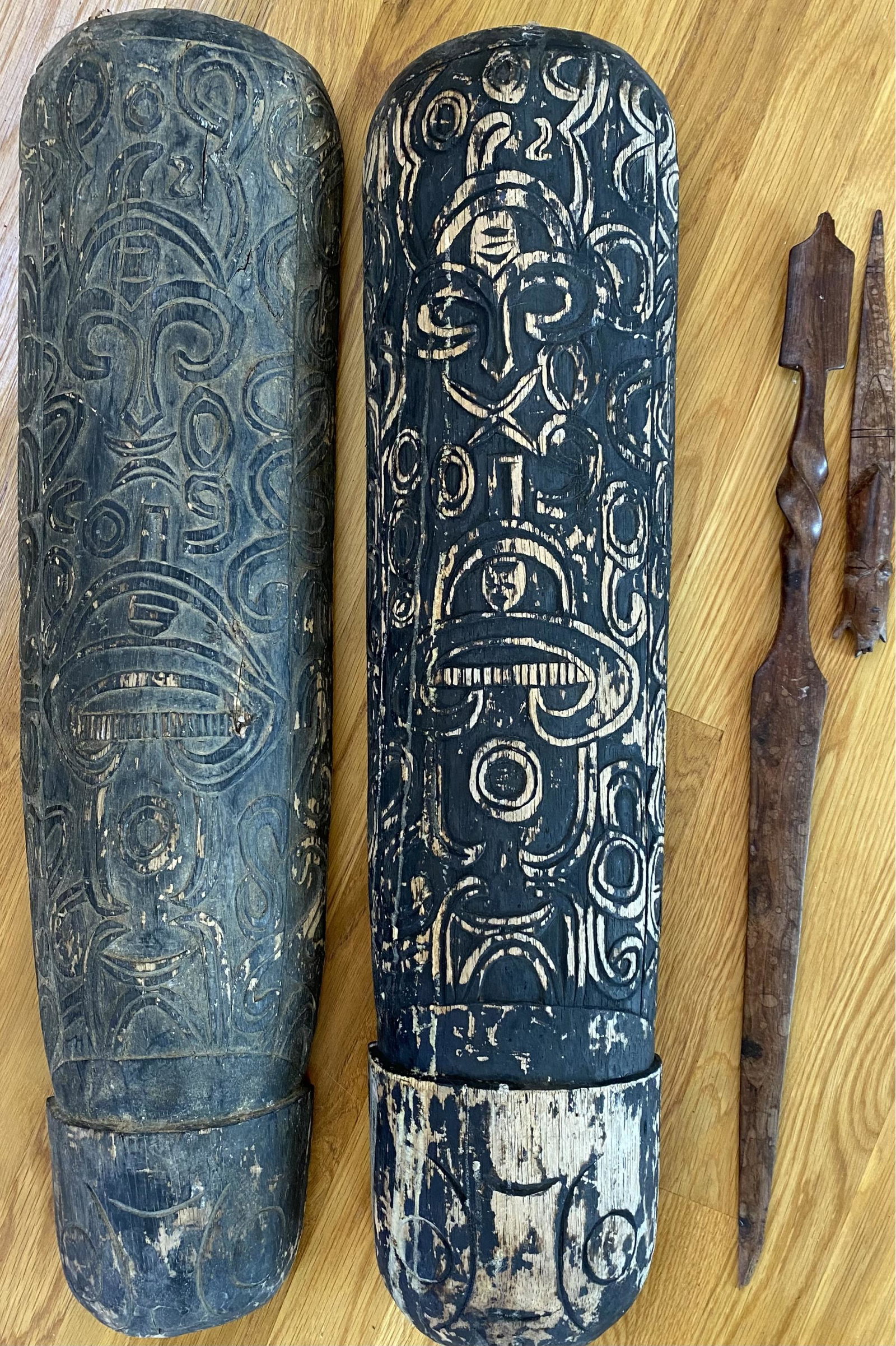 Pair Of Carved Mayan-Style Wood Shields: blue colors, carved