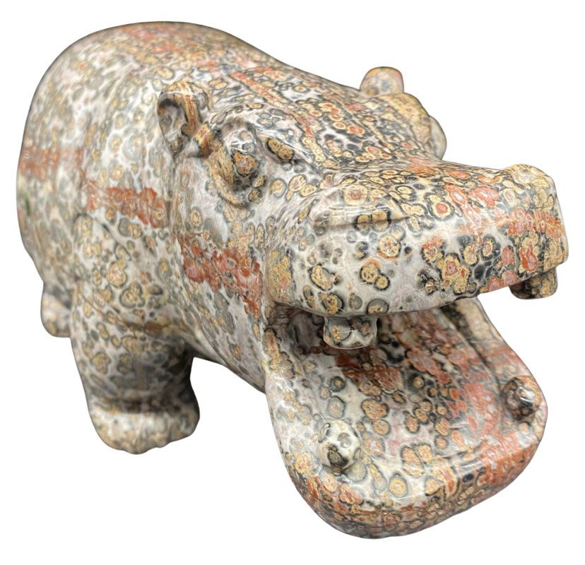 Carved Stone orbicular jasper Hippopotamus Statue, Made in Hong Kong: Fabulous marble detail, including orange and red colors throughout.