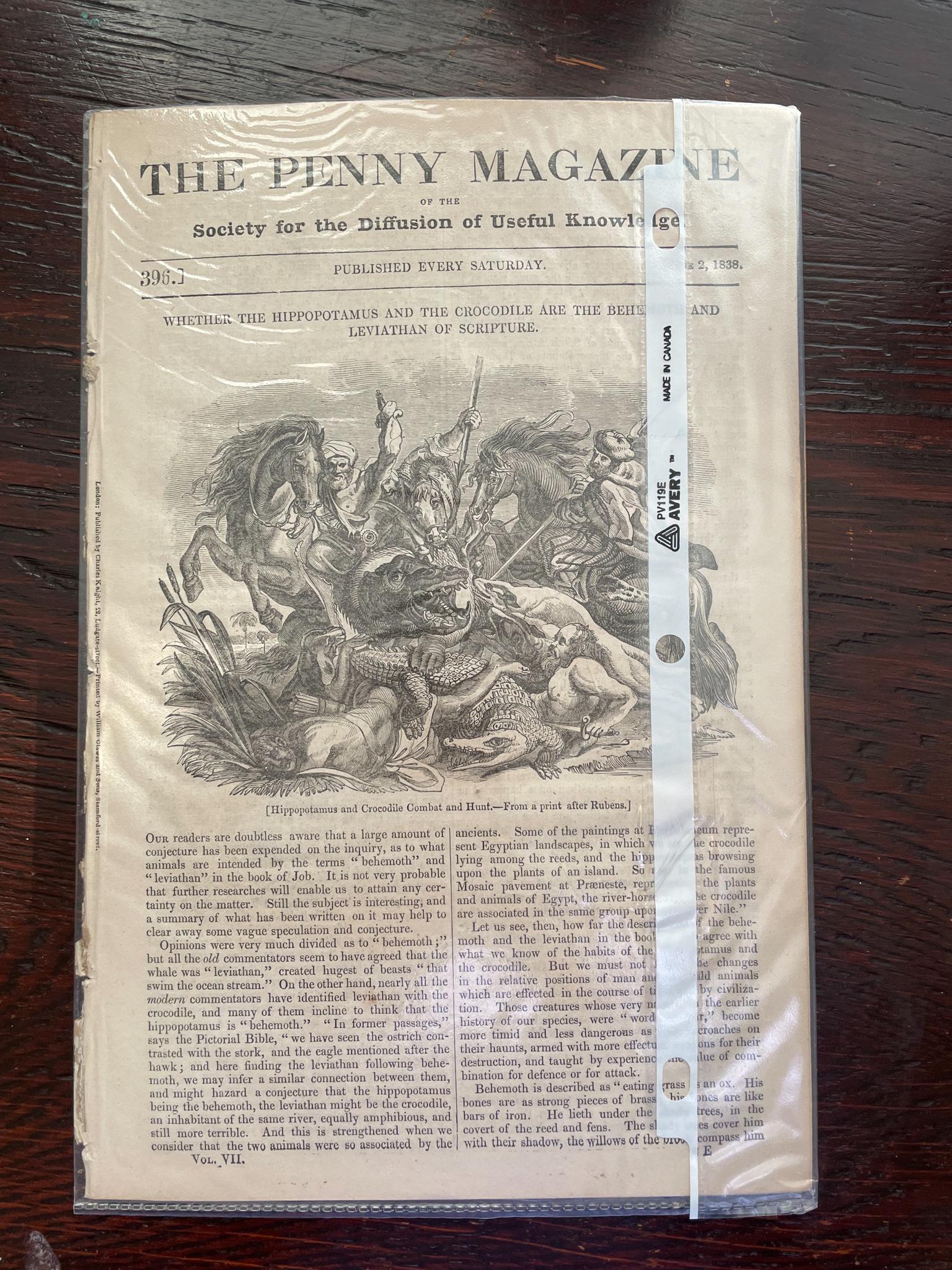 1838 page from THE PENNY MAGAZINE: June 2, 1838, "WHETHER THE HIPPOPOTAMUS AND THE CROCODILE ARE THE BEHEMOTH AND LEVIATHAN OF SCRIPTURE", copy of page included