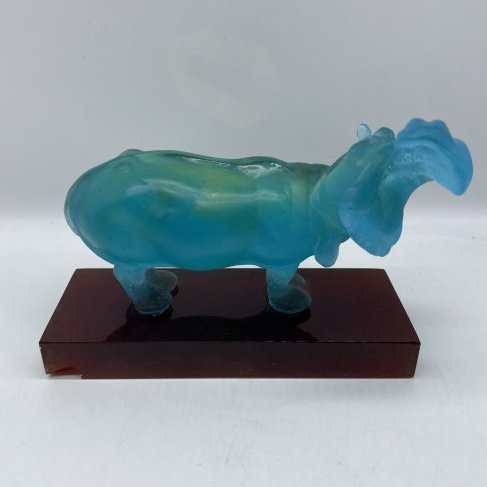 Daum Crystal Hippopotamus, Turquoise: Made by Hand in France. Every piece is unique! Originally priced at $1,995. Carved Autograph in bottom corner of glass.