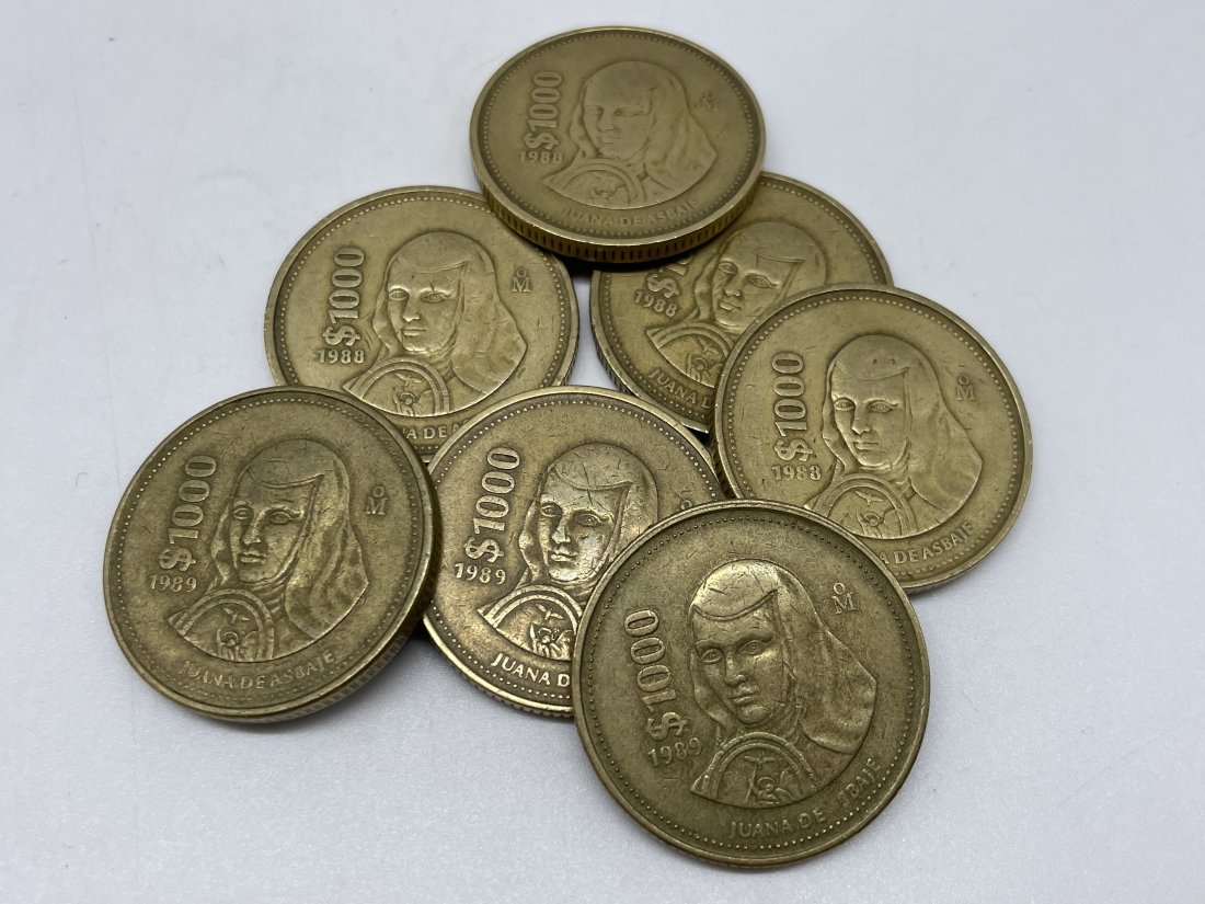Mexico 1000 Pesos (Sor Juana InÃ©s de la Cruz 1988-1989): Seven coins total.