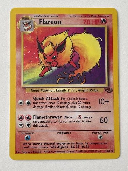 Flareon Holo 3/64 Pokémon Card. Highly Collectible!: 1995, 96, 98 Nintendo, Creatures, GAMEFREAK 1999 Wizards. 70 HP. Comes with sleeve. Great condition!