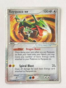 Rayquaza EX Reverse Holo 102/107 Pokémon Card: 2005 Pokémon / Nintendo. Basic card. 100 HP. Comes with sleeve. Great condition!