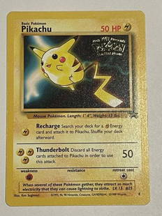 Pikachu Pok&#233;mon Card #4, The First Movie Promo: 1995, 96, 98 Nintendo, Creatures, GAMEFREAK 1999 Wizards. Promo card. 50 HP. Comes with sleeve. Great condition!