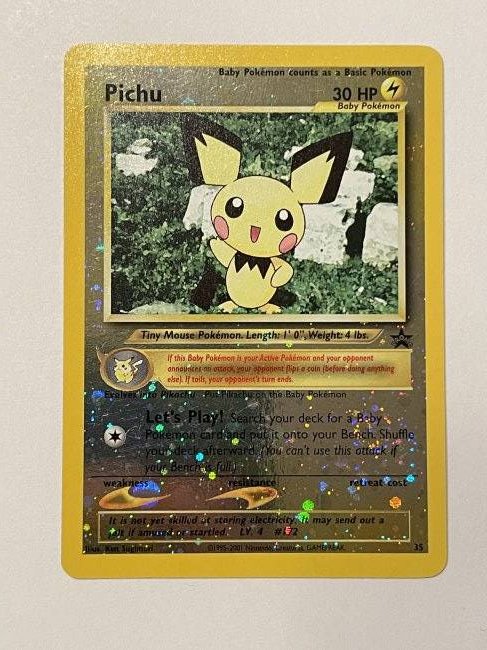 Pichu #35 Reverse Holo Pokémon Card: 1995-2001 Nintendo, Creatures, GAMEFREAK. Promo card. 30 HP. Comes with sleeve. Great condition!